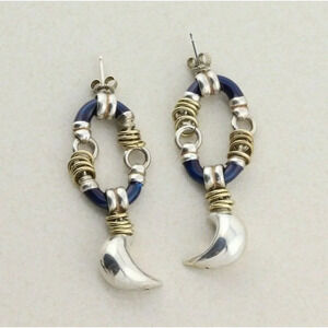 Sterling Silver Blue Crescent Moon Earrings Puffy Moon Dangle Drop Earrings